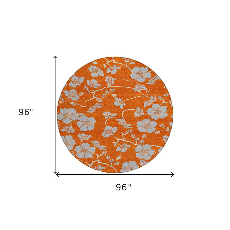 8' Orange And Gray Round Floral Washable Indoor Outdoor Area Rug