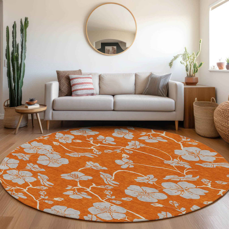 8' Orange And Gray Round Floral Washable Indoor Outdoor Area Rug