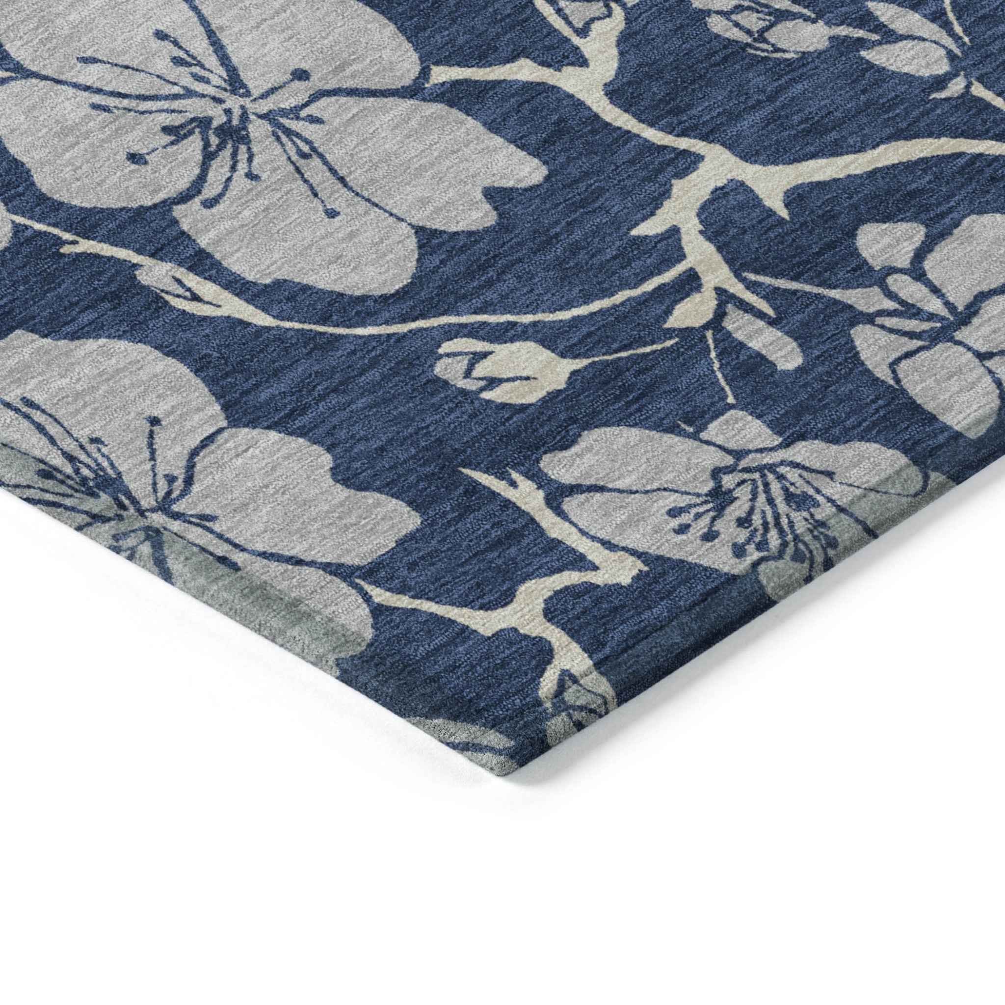 9' X 12' Navy Blue And Gray Floral Washable Indoor Outdoor Area Rug