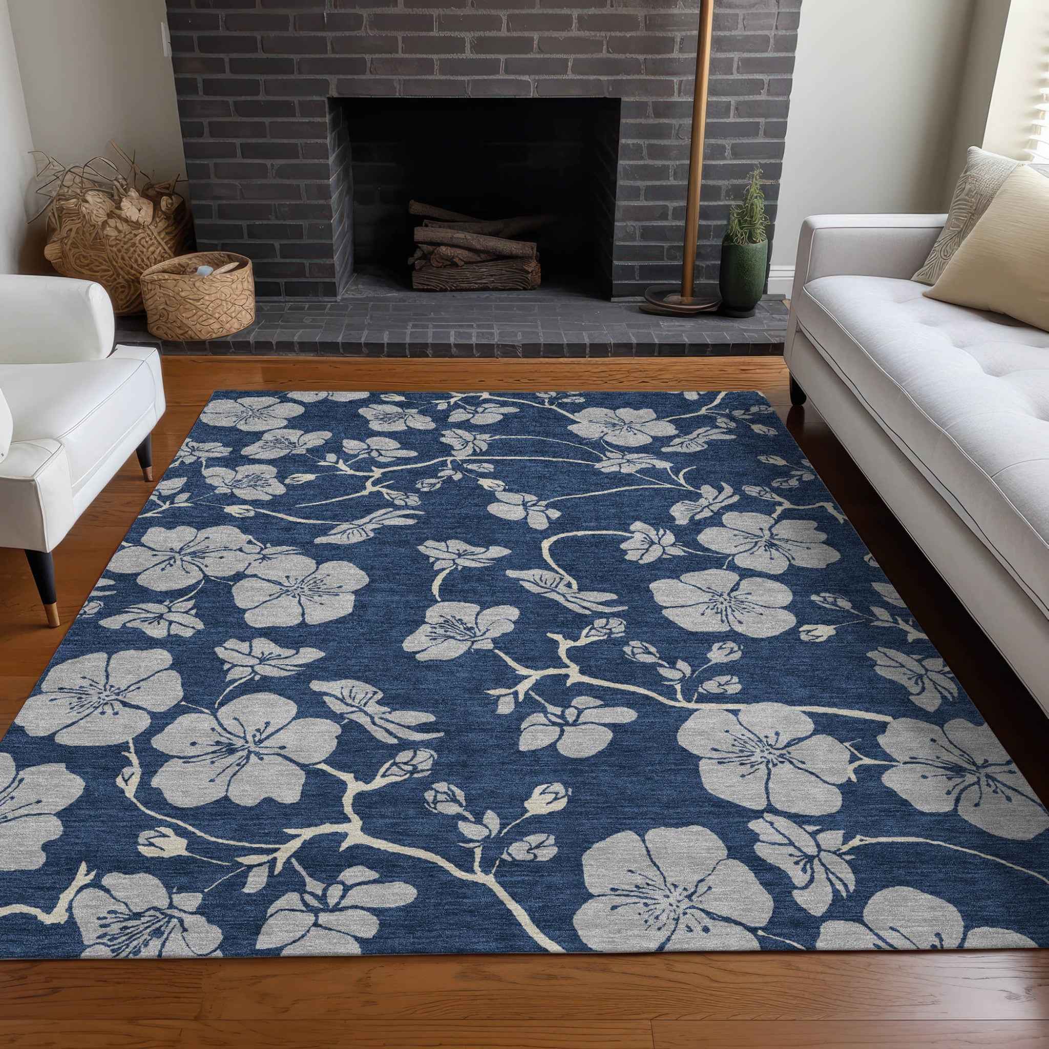 9' X 12' Navy Blue And Gray Floral Washable Indoor Outdoor Area Rug