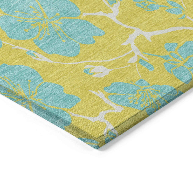 9' X 12' Yellow And Aqua Floral Washable Indoor Outdoor Area Rug