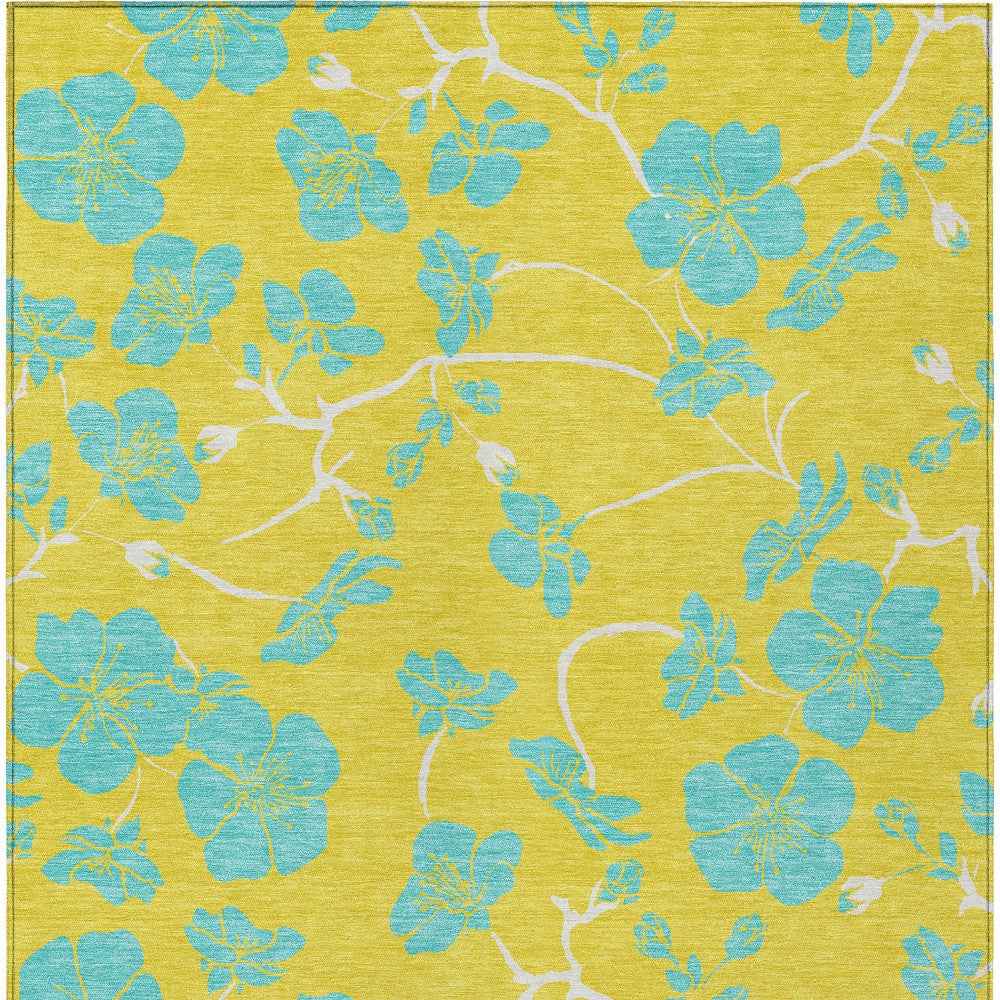 9' X 12' Yellow And Aqua Floral Washable Indoor Outdoor Area Rug