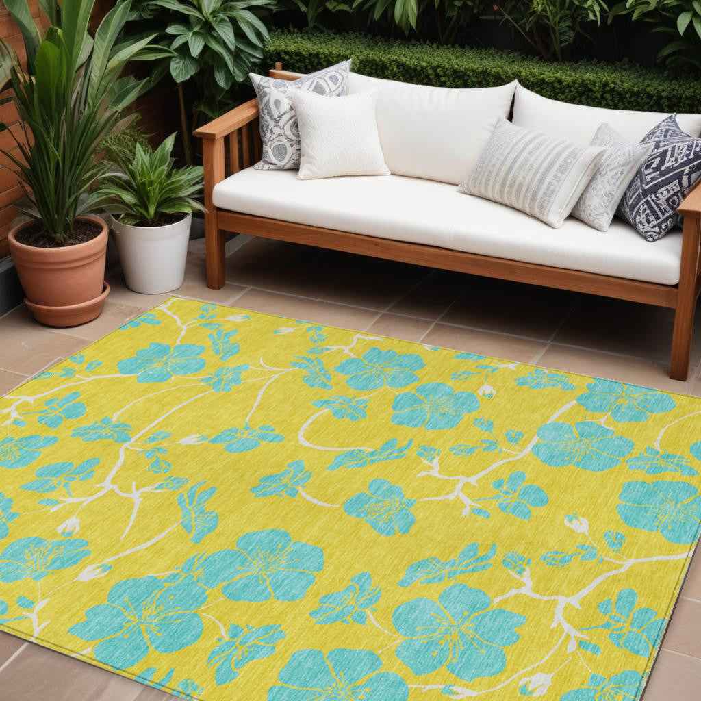 9' X 12' Yellow And Aqua Floral Washable Indoor Outdoor Area Rug