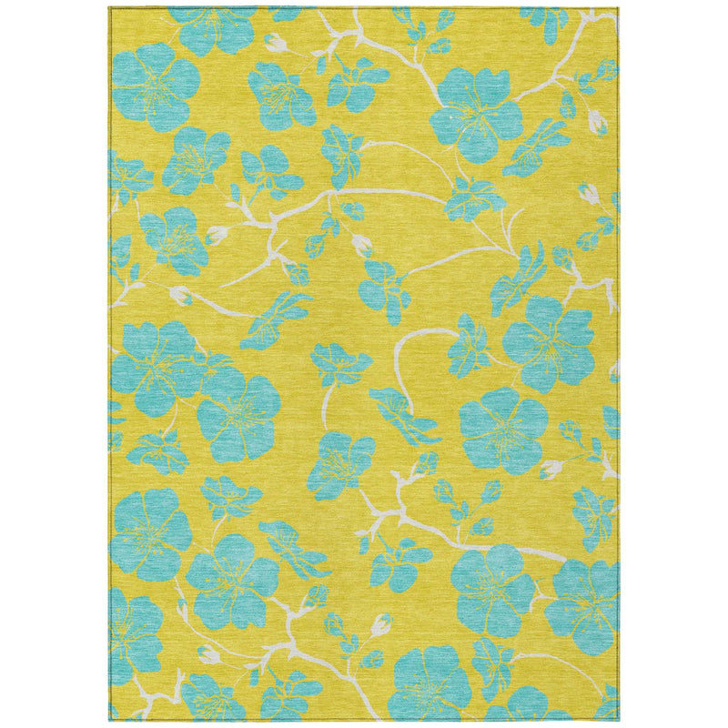 9' X 12' Yellow And Aqua Floral Washable Indoor Outdoor Area Rug