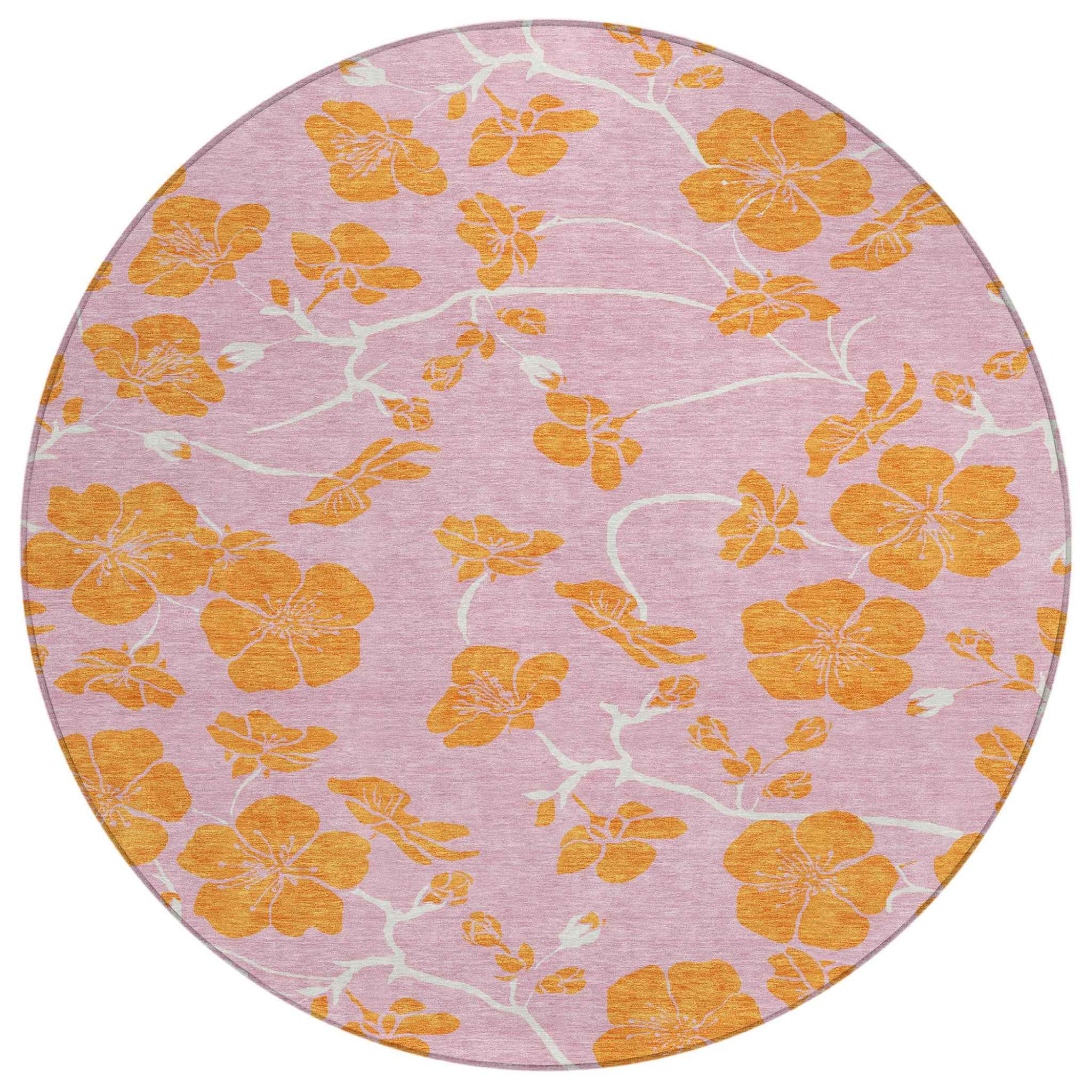 8' Pink And Copper Round Floral Washable Indoor Outdoor Area Rug