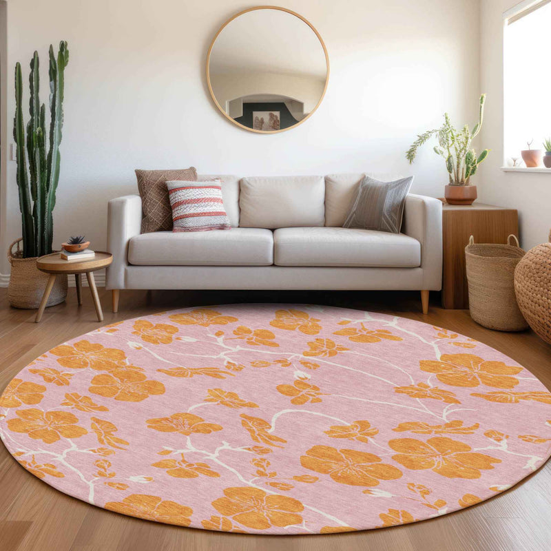 8' Pink And Copper Round Floral Washable Indoor Outdoor Area Rug