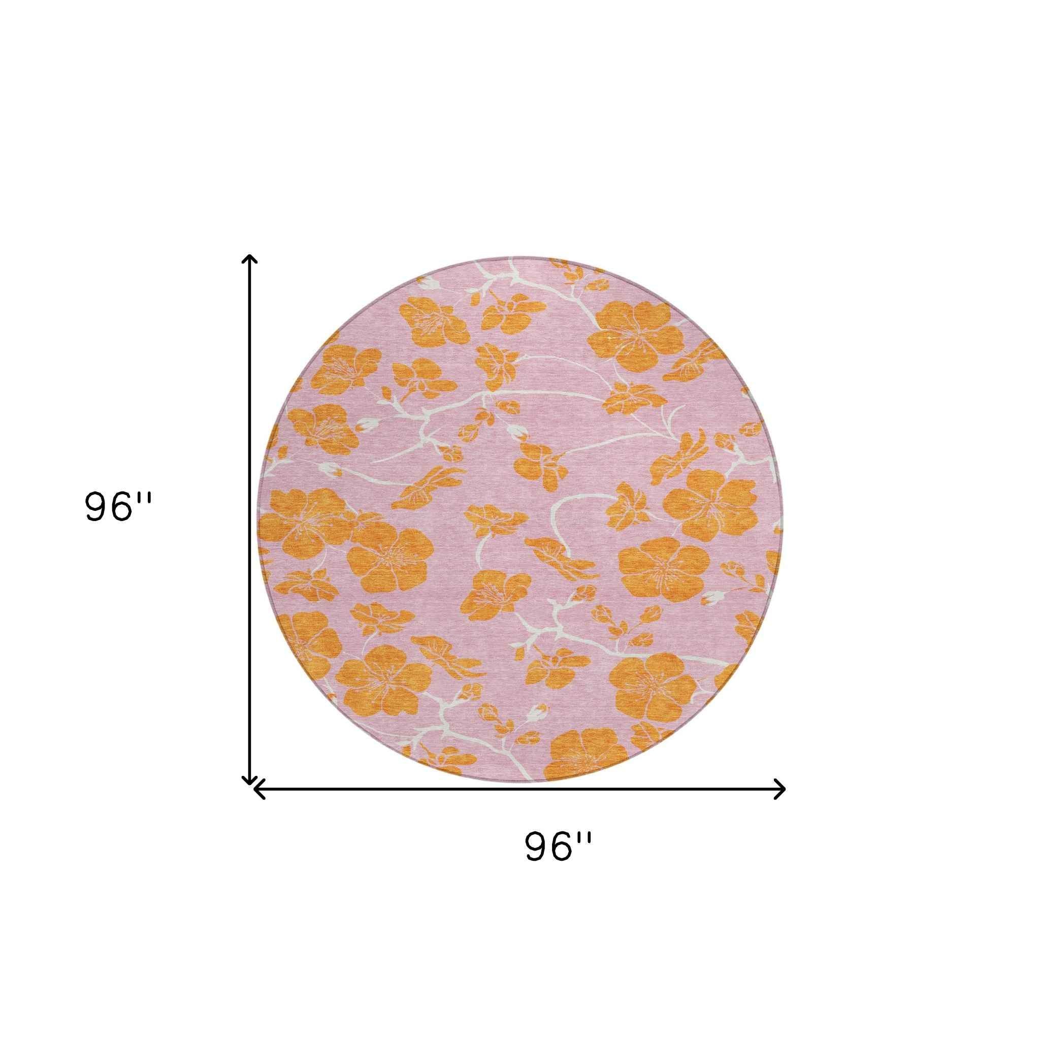 8' Pink And Copper Round Floral Washable Indoor Outdoor Area Rug