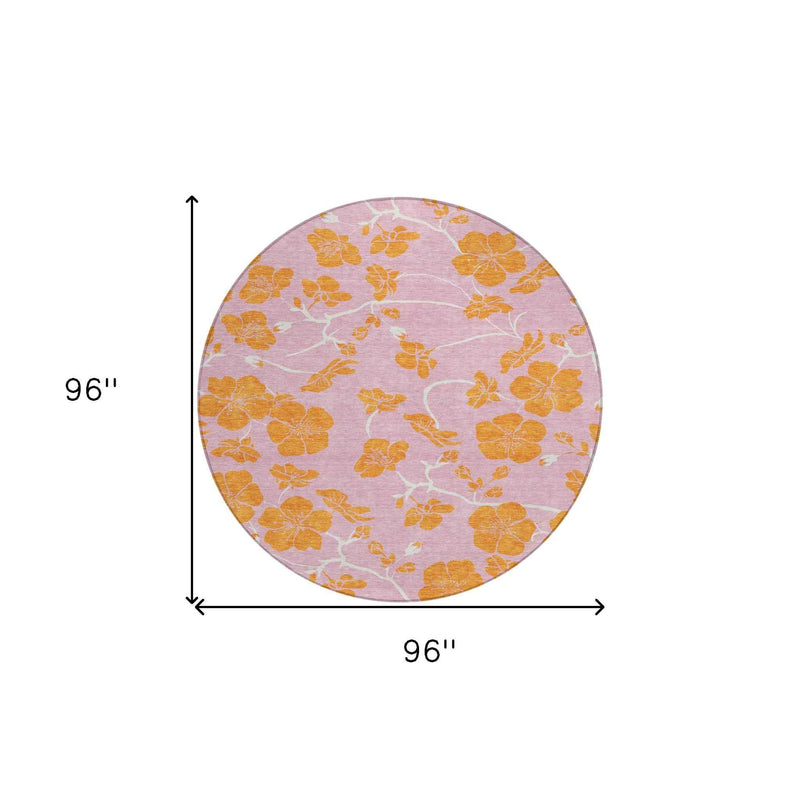 8' Pink And Copper Round Floral Washable Indoor Outdoor Area Rug
