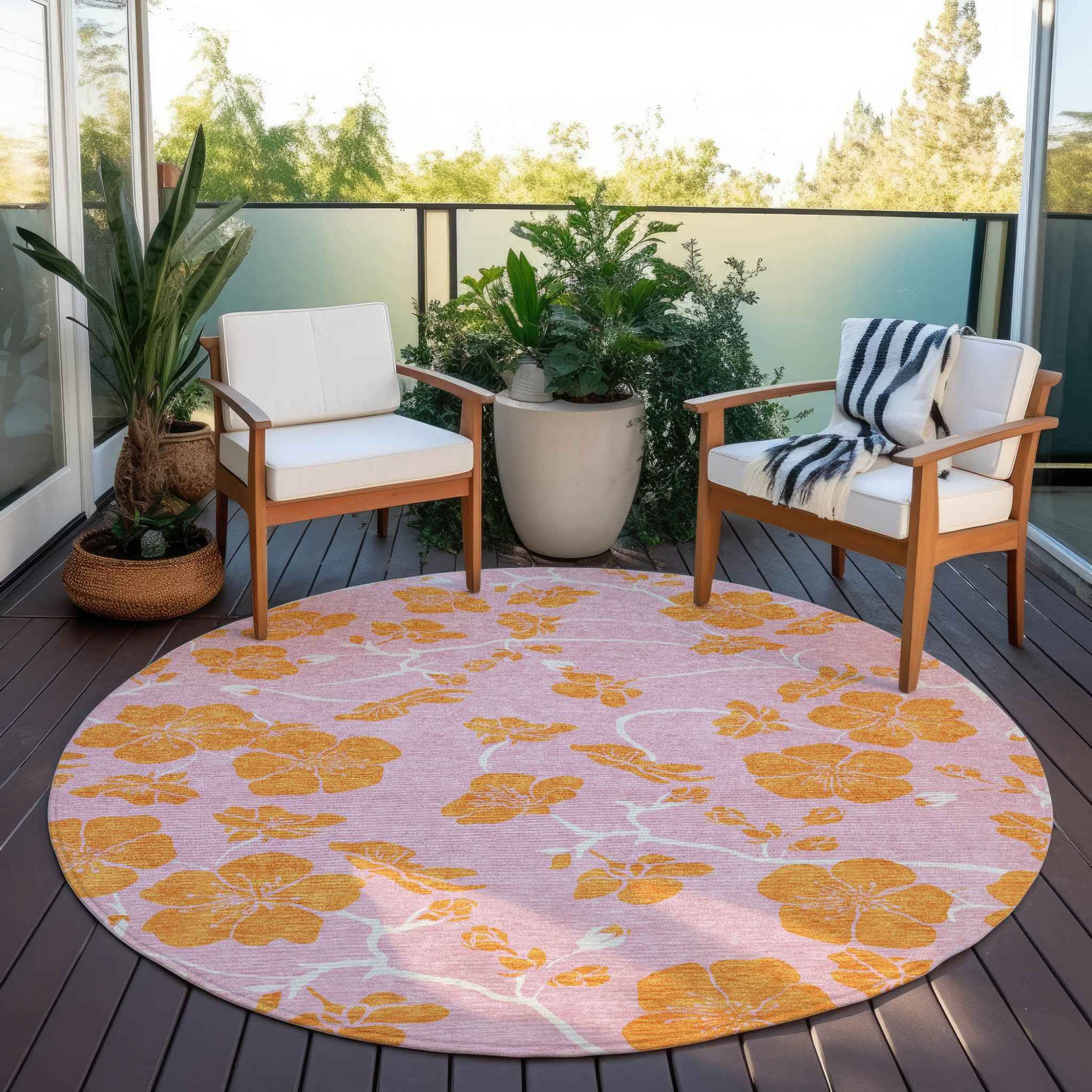 8' Pink And Copper Round Floral Washable Indoor Outdoor Area Rug