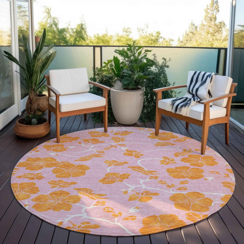 8' Pink And Copper Round Floral Washable Indoor Outdoor Area Rug