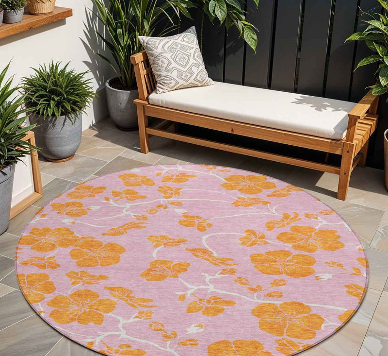 8' Pink And Copper Round Floral Washable Indoor Outdoor Area Rug