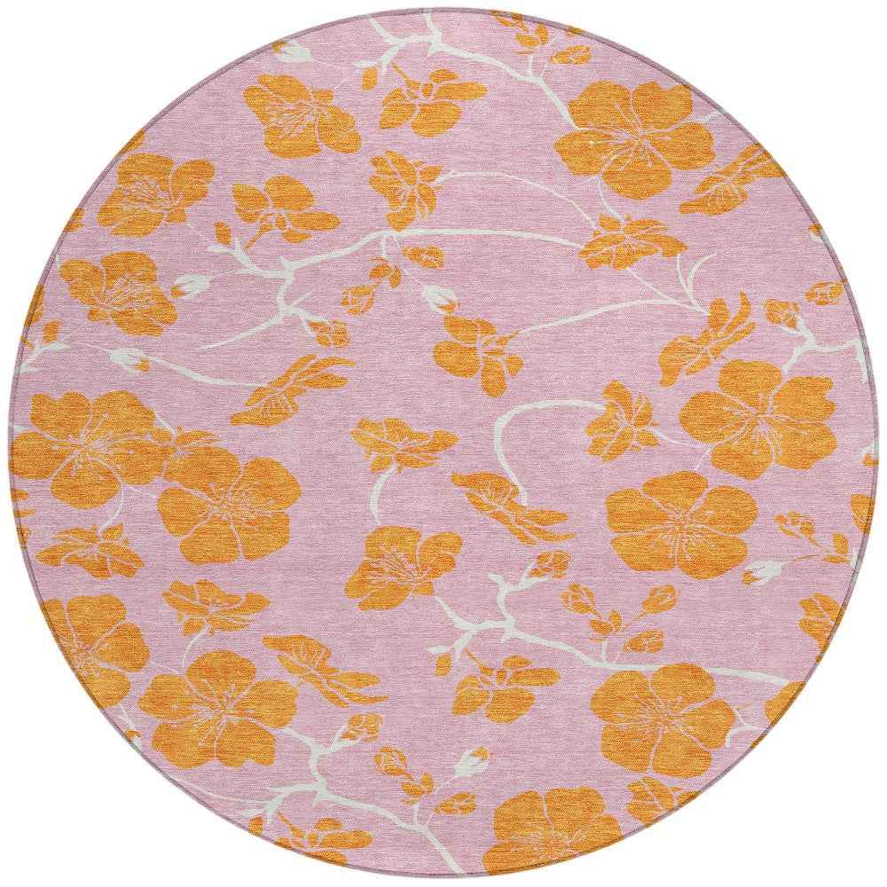 8' Pink And Copper Round Floral Washable Indoor Outdoor Area Rug