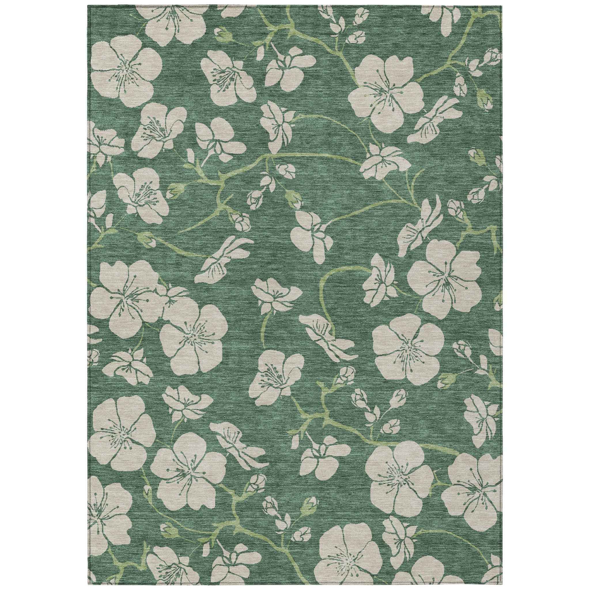 3' X 5' Sage And Ivory Floral Washable Indoor Outdoor Area Rug