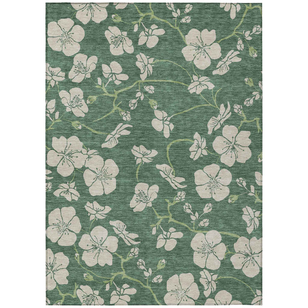 3' X 5' Sage And Ivory Floral Washable Indoor Outdoor Area Rug