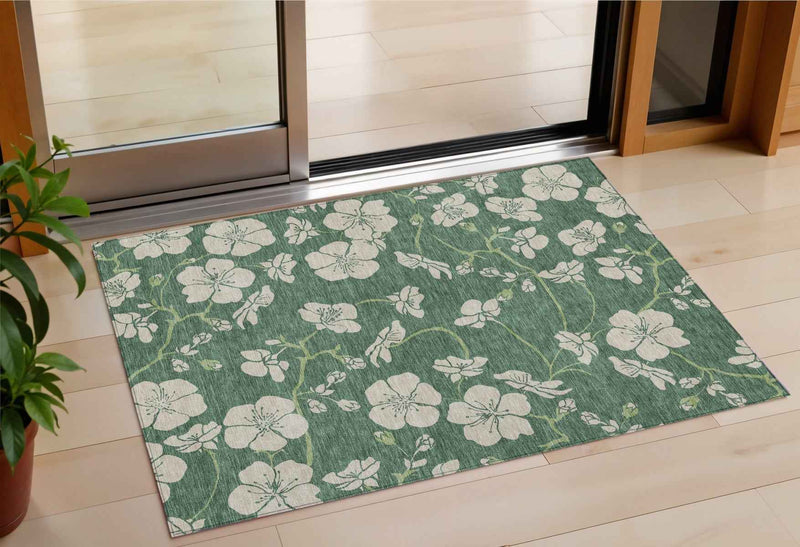3' X 5' Sage And Ivory Floral Washable Indoor Outdoor Area Rug