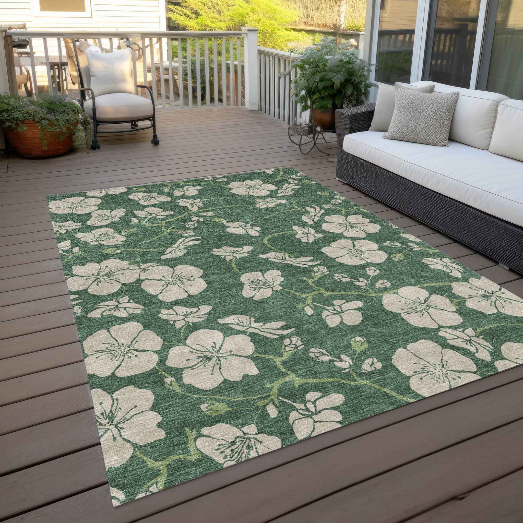 3' X 5' Sage And Ivory Floral Washable Indoor Outdoor Area Rug