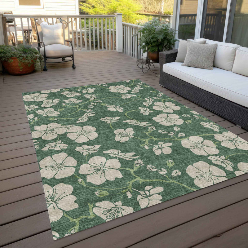 3' X 5' Sage And Ivory Floral Washable Indoor Outdoor Area Rug