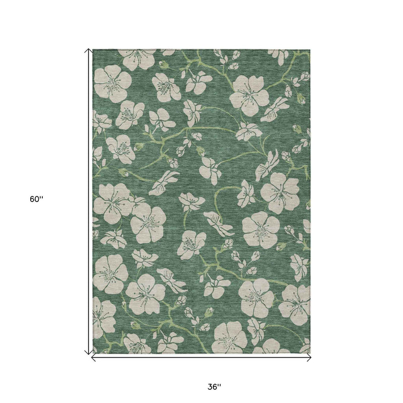 3' X 5' Sage And Ivory Floral Washable Indoor Outdoor Area Rug