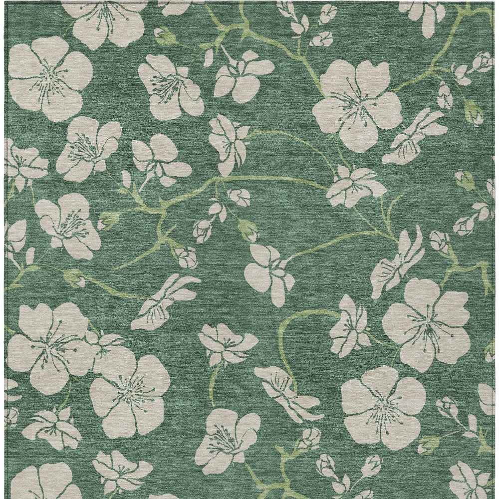 3' X 5' Sage And Ivory Floral Washable Indoor Outdoor Area Rug