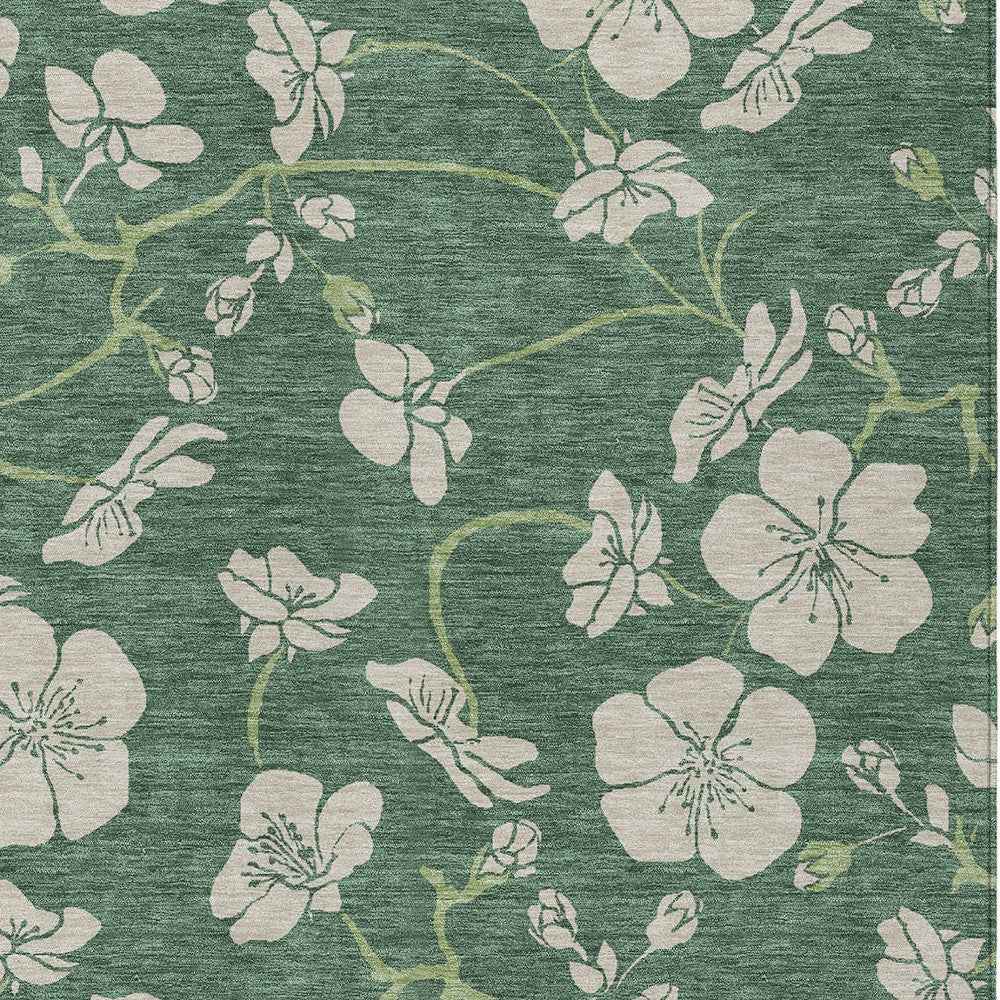 9' X 12' Sage And Ivory Floral Washable Indoor Outdoor Area Rug