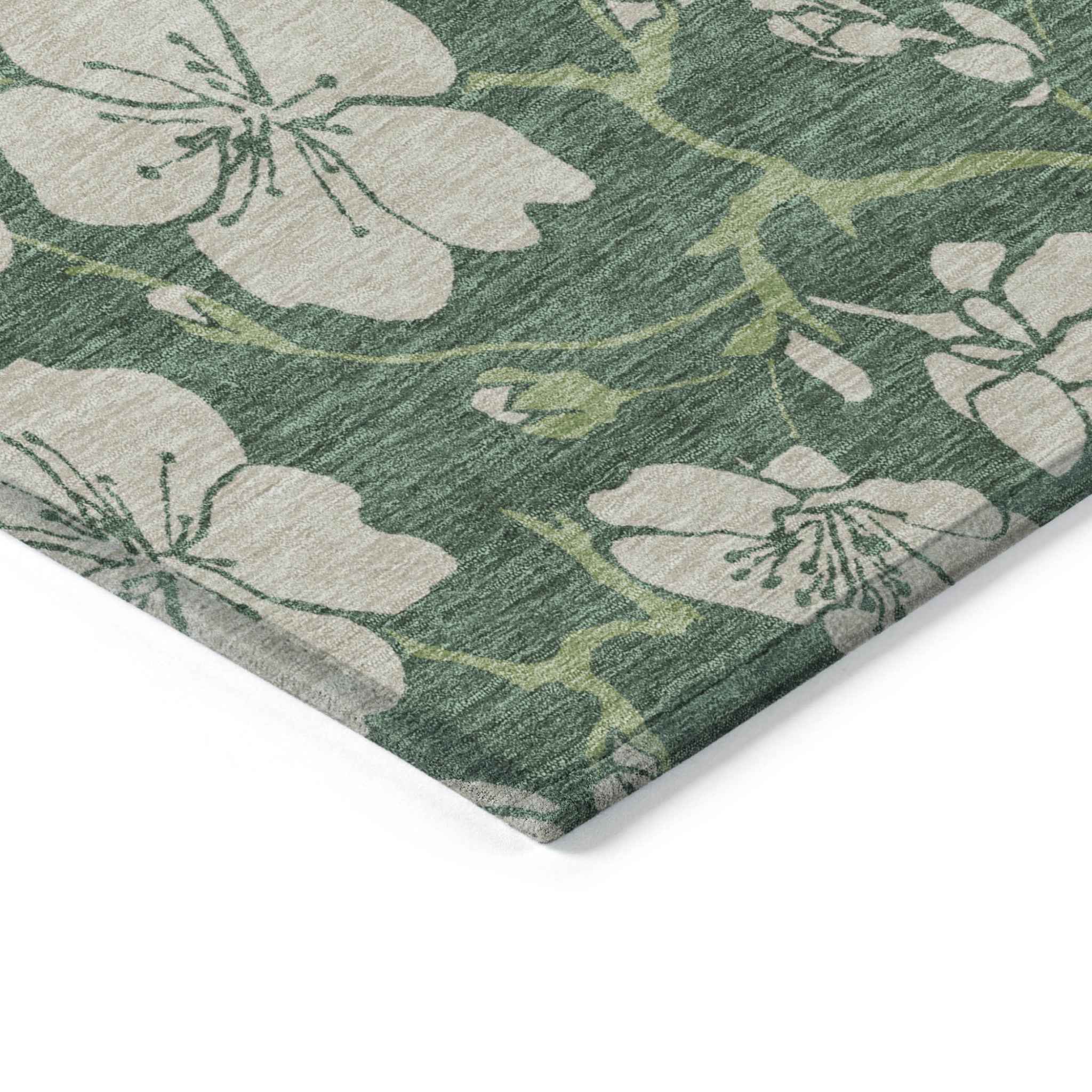 9' X 12' Sage And Ivory Floral Washable Indoor Outdoor Area Rug