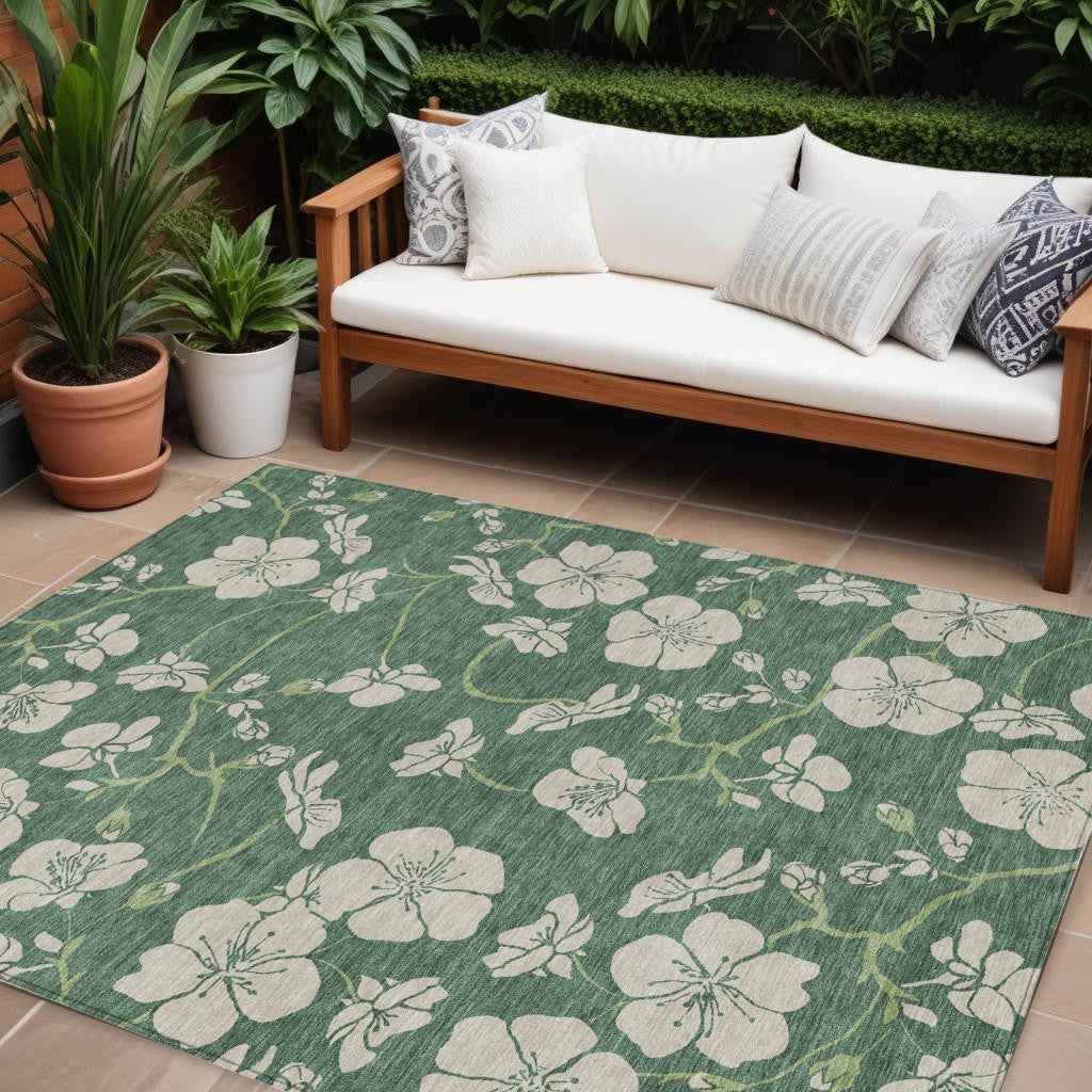 9' X 12' Sage And Ivory Floral Washable Indoor Outdoor Area Rug