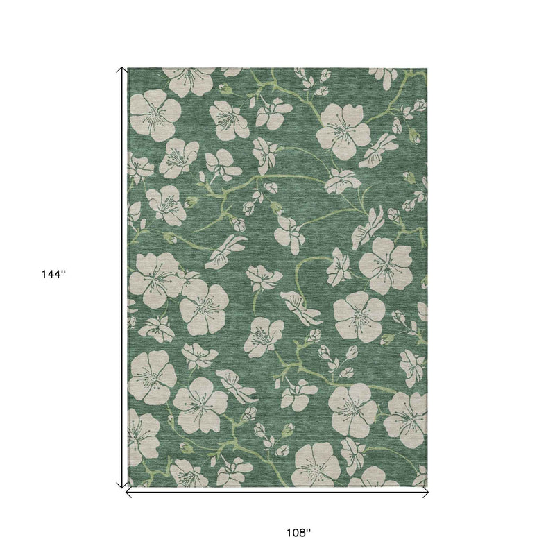 9' X 12' Sage And Ivory Floral Washable Indoor Outdoor Area Rug