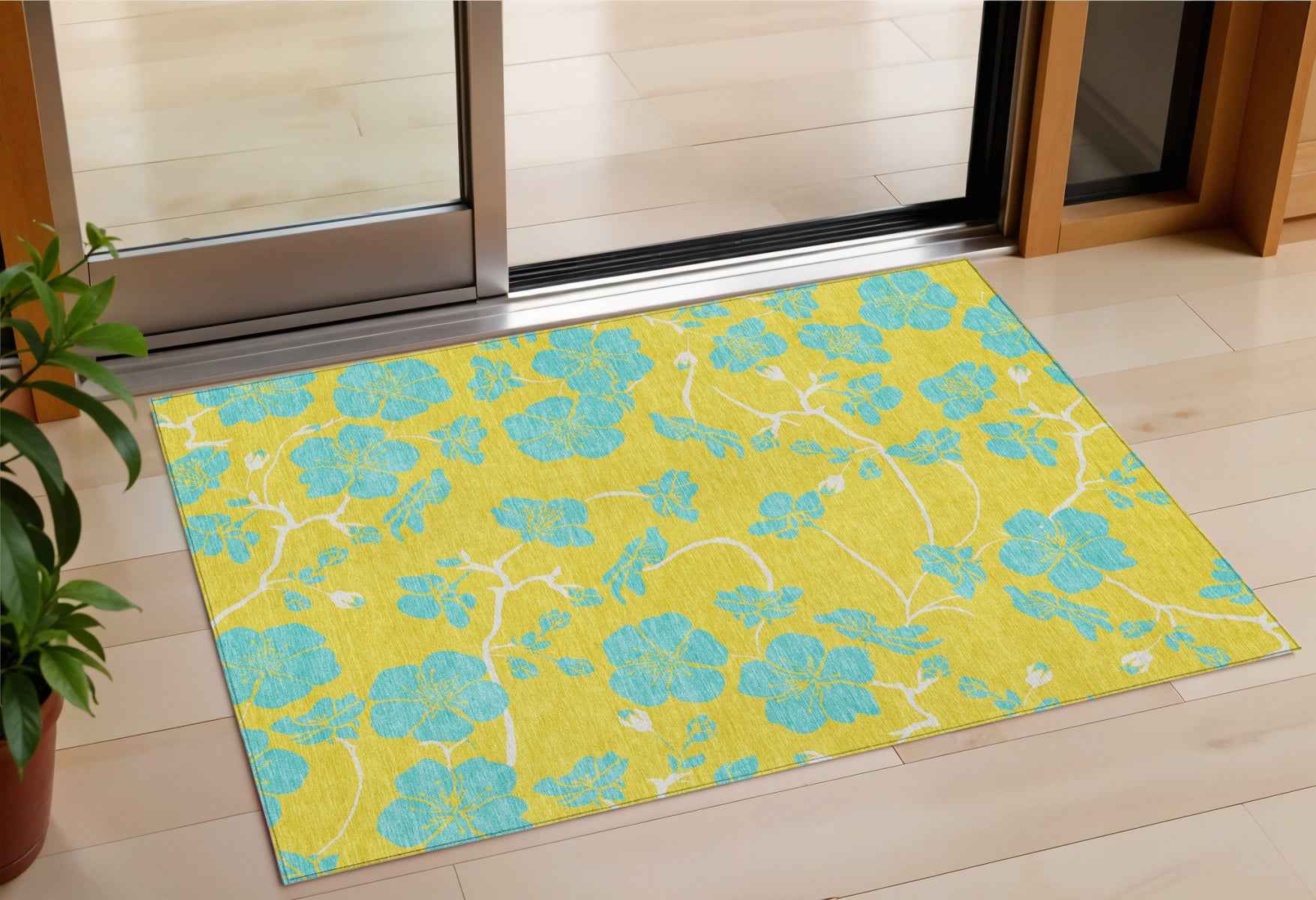 3' X 5' Yellow And Aqua Floral Washable Indoor Outdoor Area Rug