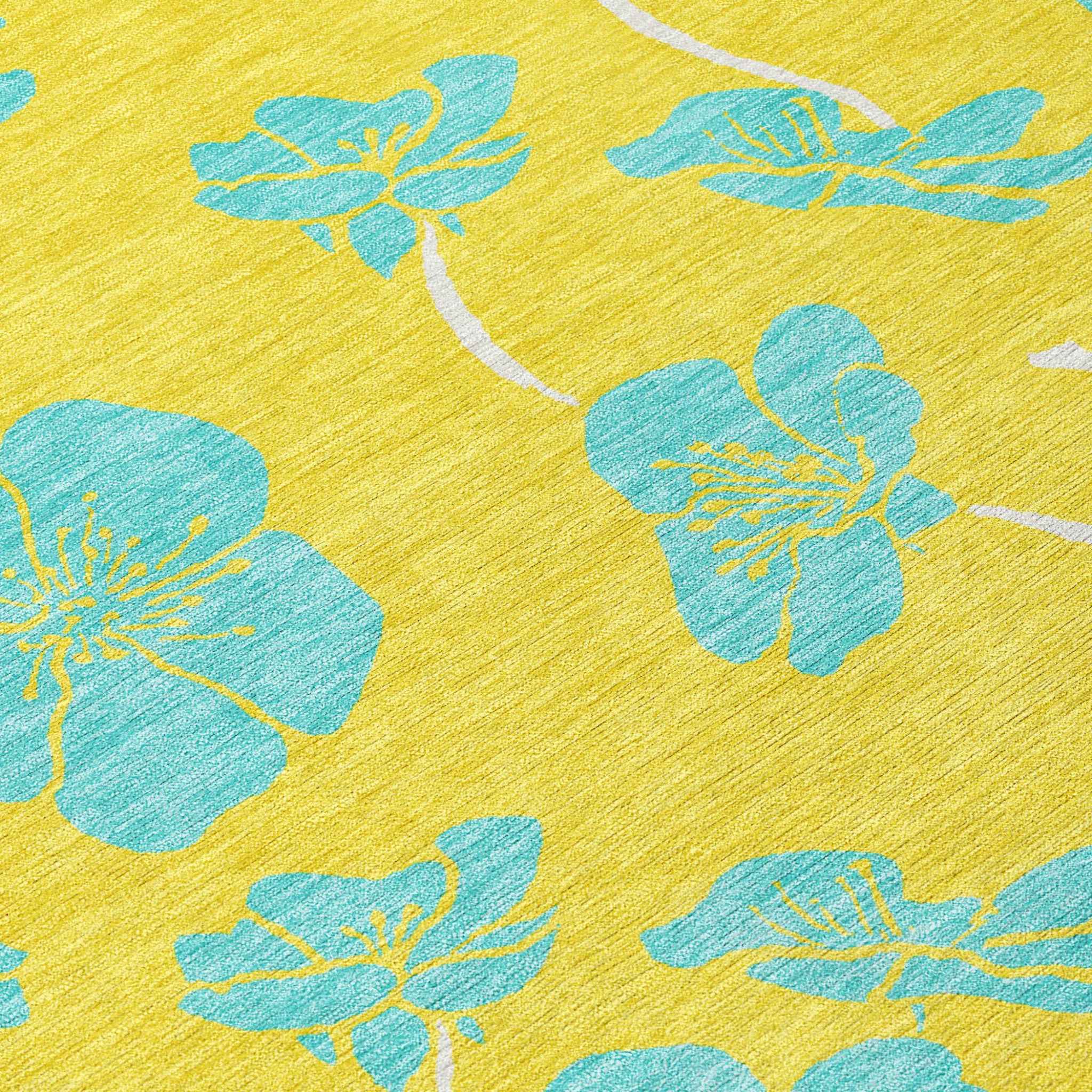 3' X 5' Yellow And Aqua Floral Washable Indoor Outdoor Area Rug