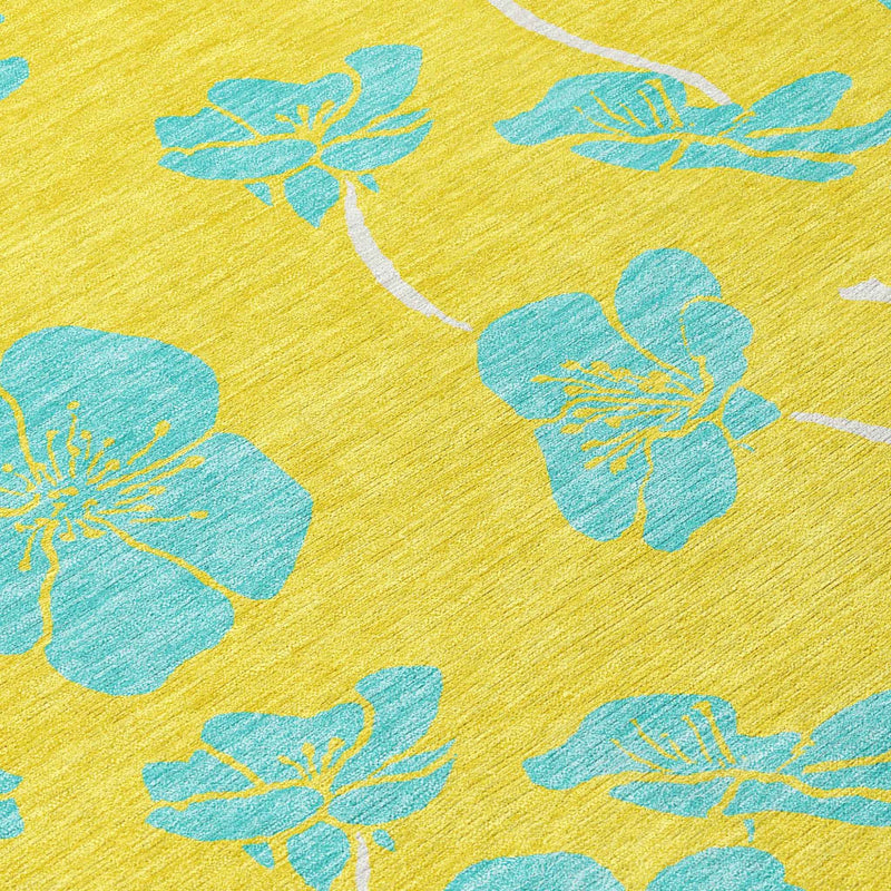 3' X 5' Yellow And Aqua Floral Washable Indoor Outdoor Area Rug