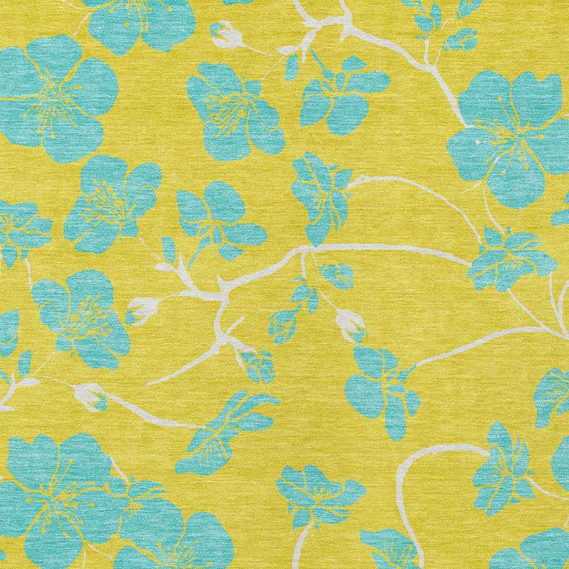 3' X 5' Yellow And Aqua Floral Washable Indoor Outdoor Area Rug