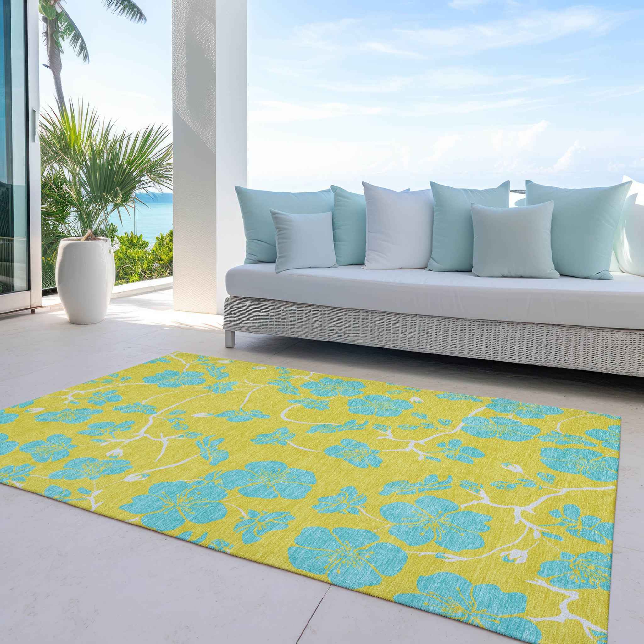 3' X 5' Yellow And Aqua Floral Washable Indoor Outdoor Area Rug