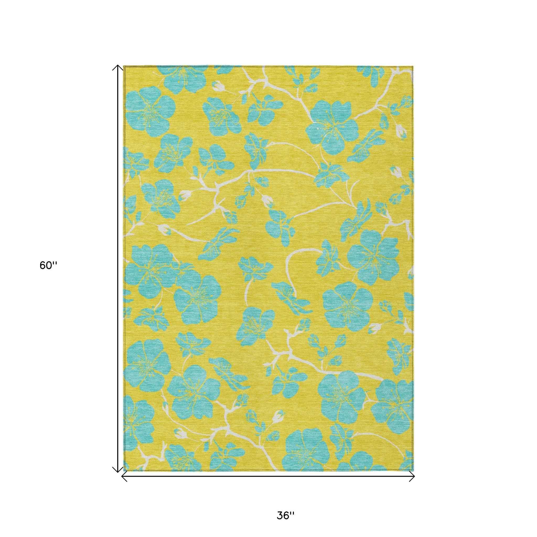 3' X 5' Yellow And Aqua Floral Washable Indoor Outdoor Area Rug