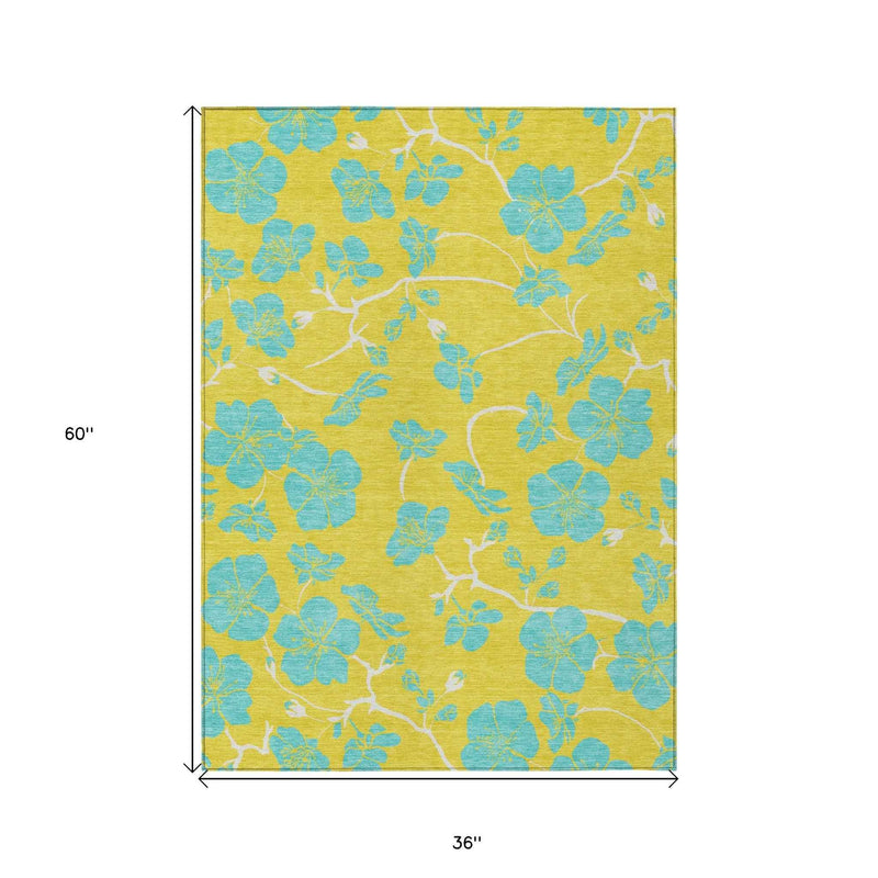 3' X 5' Yellow And Aqua Floral Washable Indoor Outdoor Area Rug
