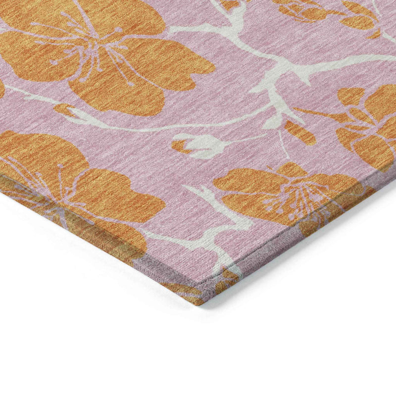 8' X 10' Pink And Copper Floral Washable Indoor Outdoor Area Rug
