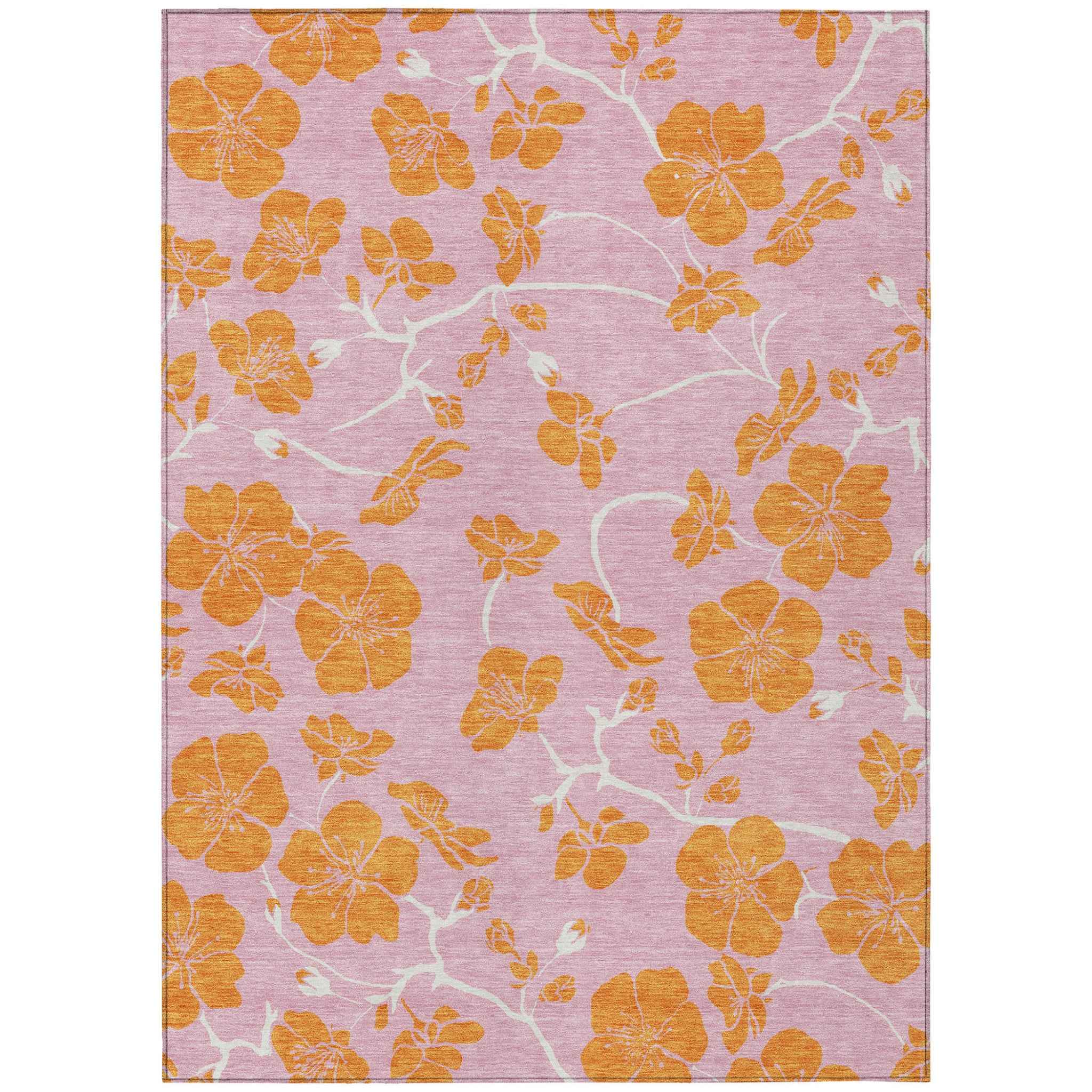 8' X 10' Pink And Copper Floral Washable Indoor Outdoor Area Rug