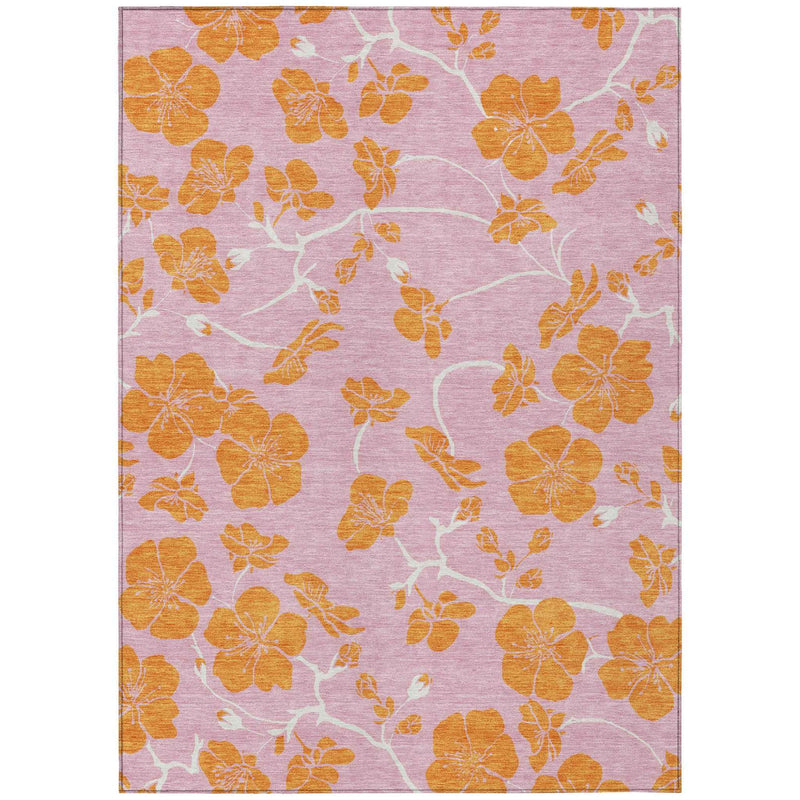 8' X 10' Pink And Copper Floral Washable Indoor Outdoor Area Rug