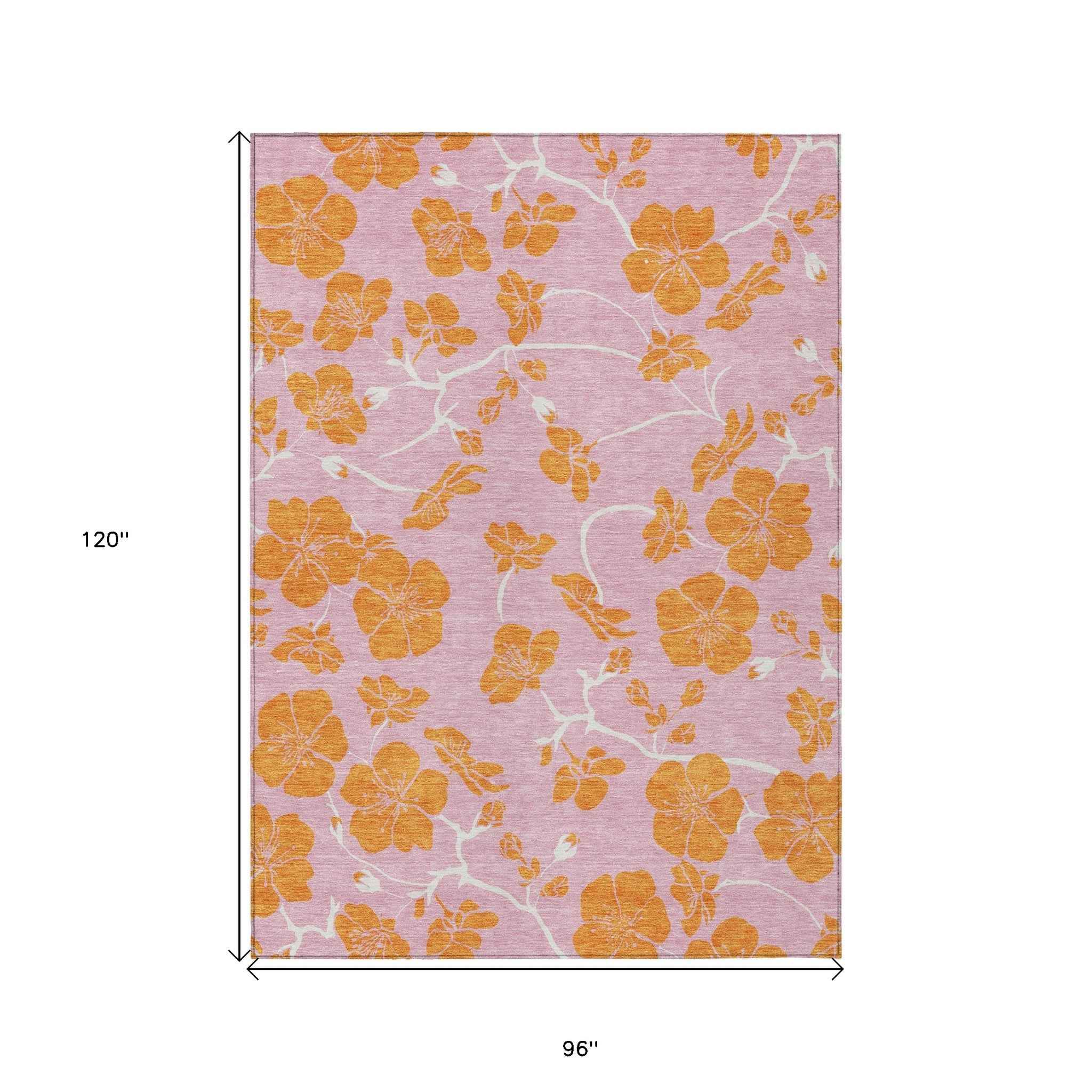 8' X 10' Pink And Copper Floral Washable Indoor Outdoor Area Rug