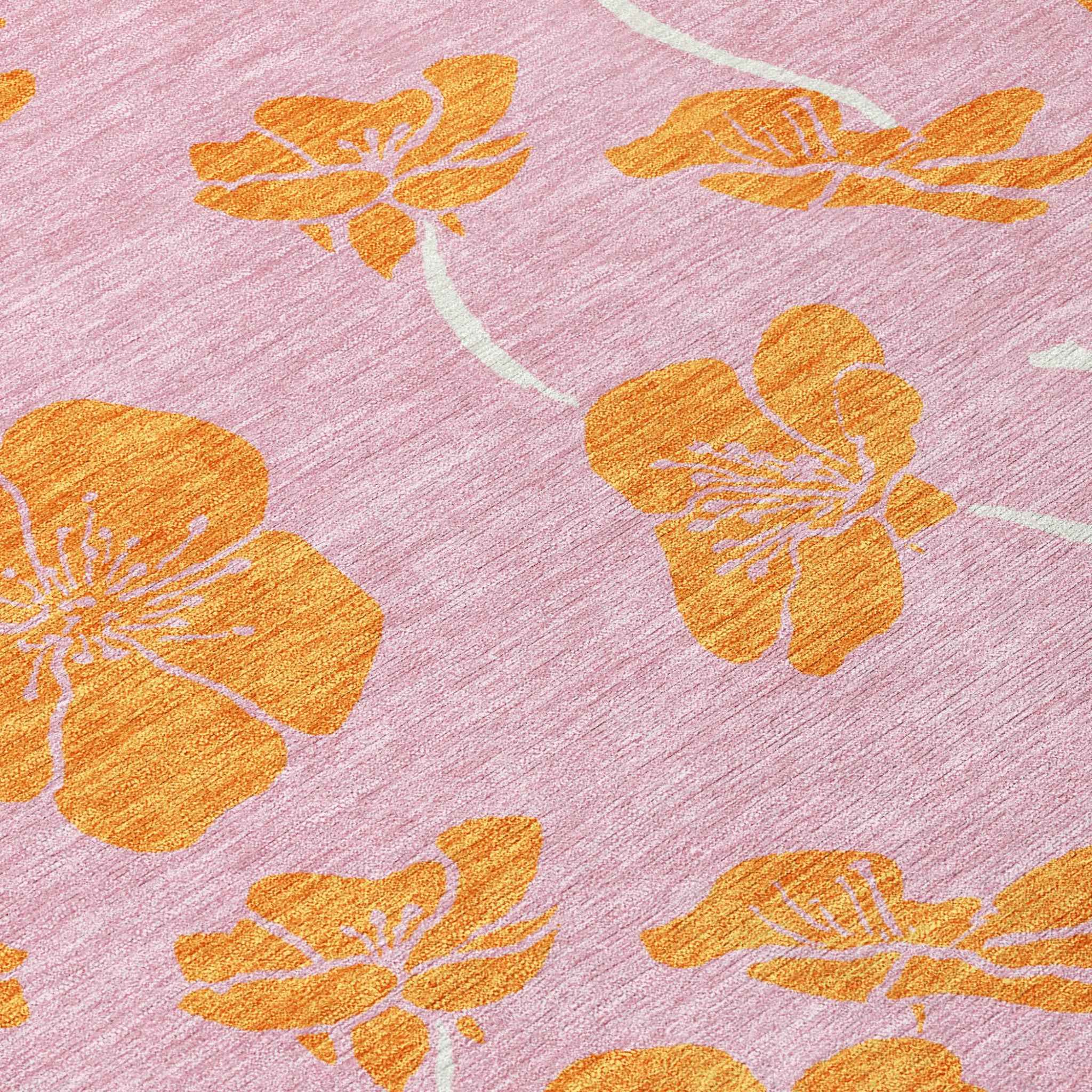 8' X 10' Pink And Copper Floral Washable Indoor Outdoor Area Rug