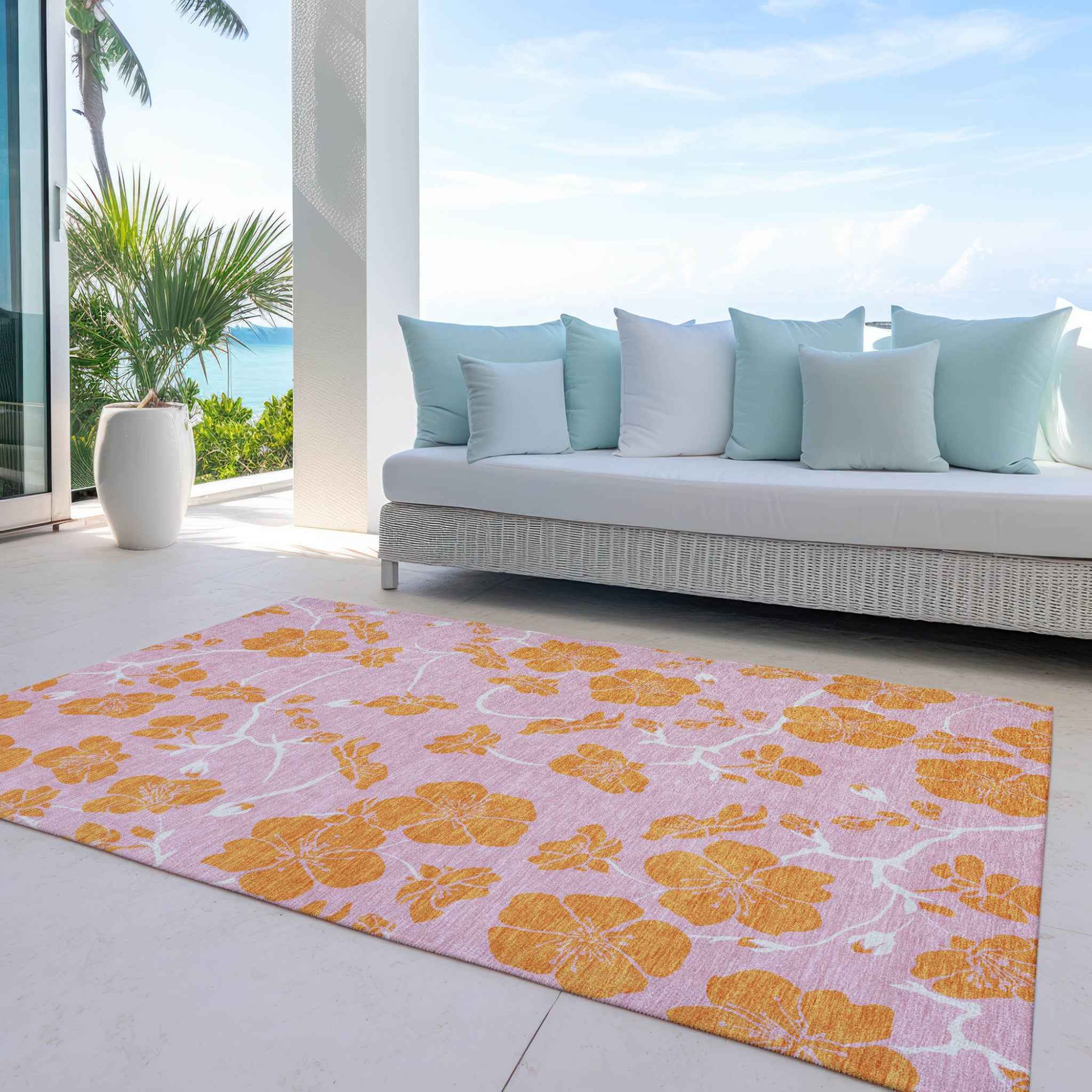 8' X 10' Pink And Copper Floral Washable Indoor Outdoor Area Rug