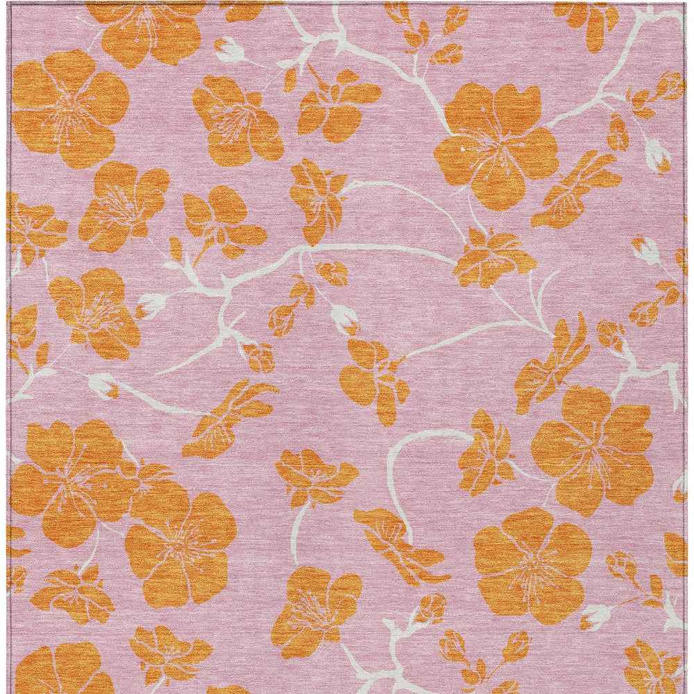 8' X 10' Pink And Copper Floral Washable Indoor Outdoor Area Rug