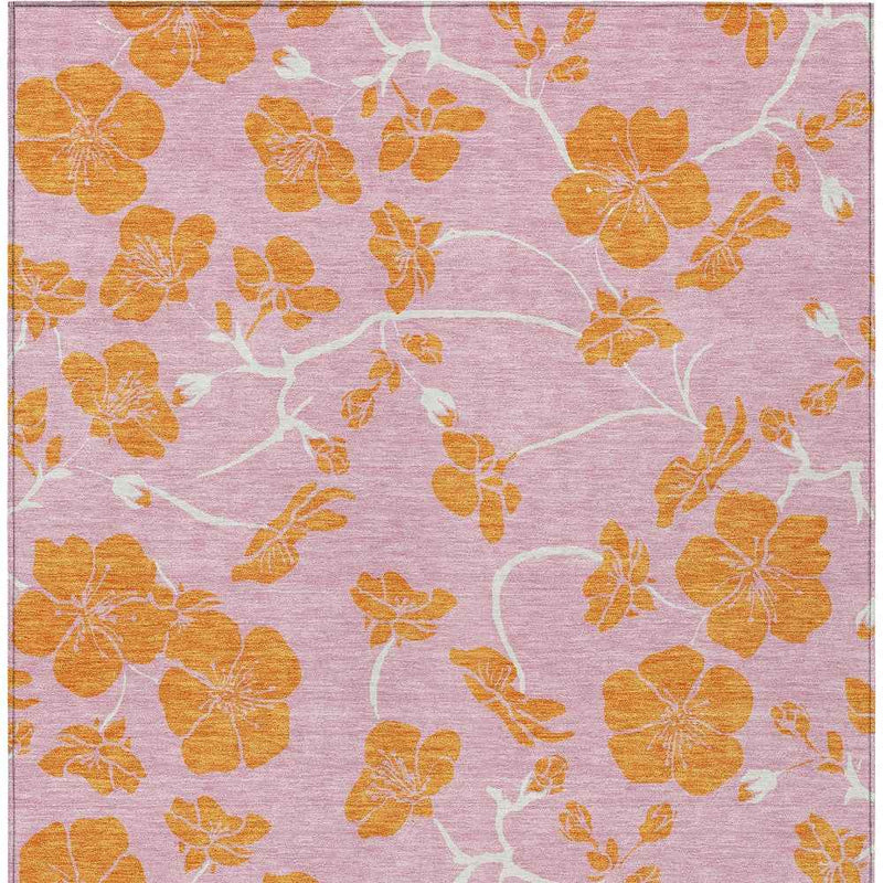 8' X 10' Pink And Copper Floral Washable Indoor Outdoor Area Rug