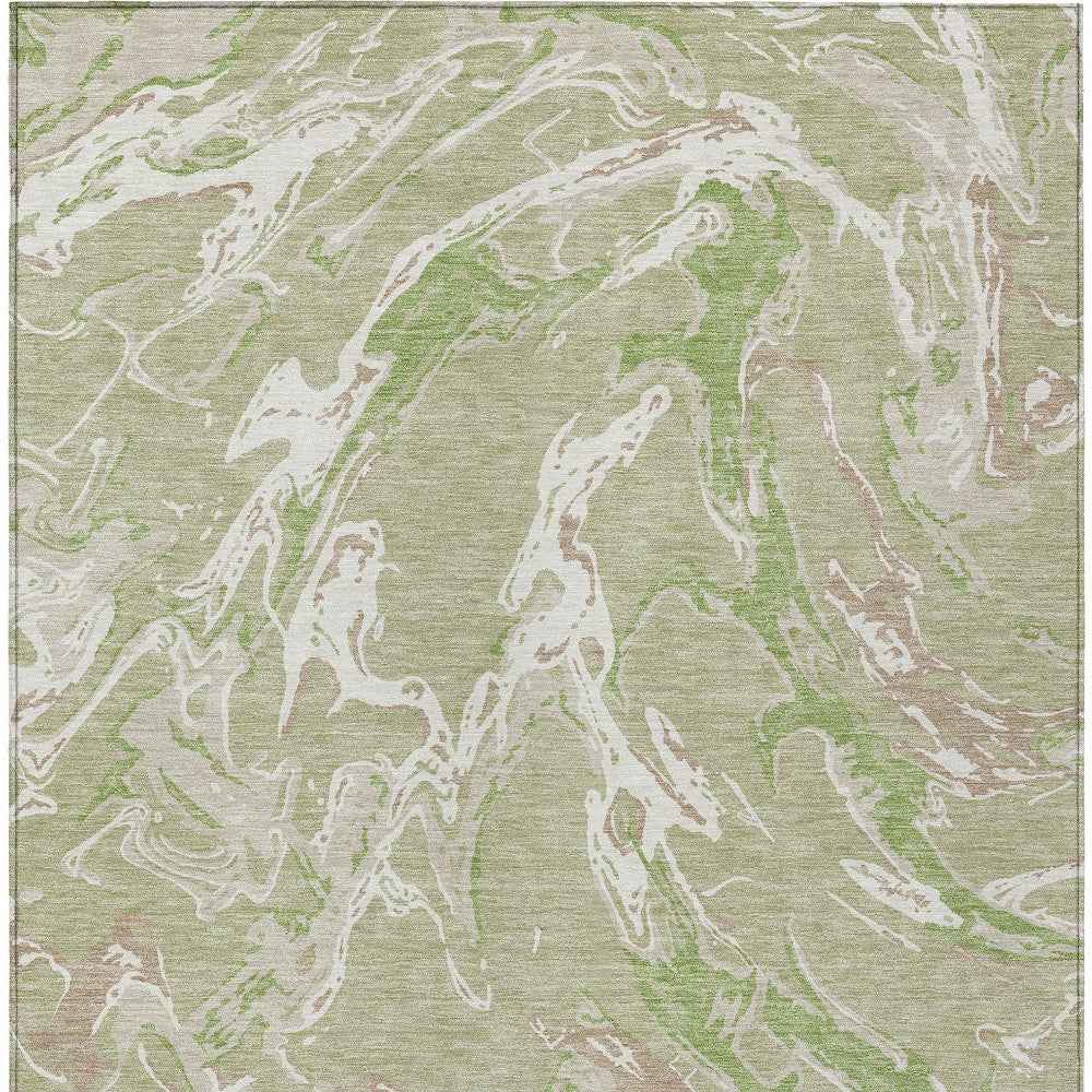 3' X 5' Artichoke Green And Ivory Abstract Washable Indoor Outdoor Area Rug