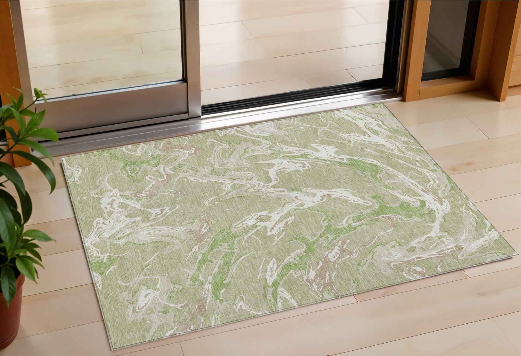 3' X 5' Artichoke Green And Ivory Abstract Washable Indoor Outdoor Area Rug