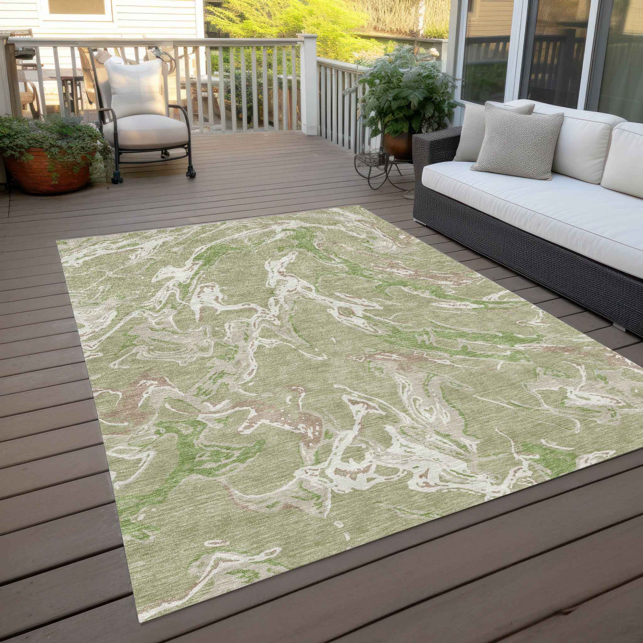 3' X 5' Artichoke Green And Ivory Abstract Washable Indoor Outdoor Area Rug
