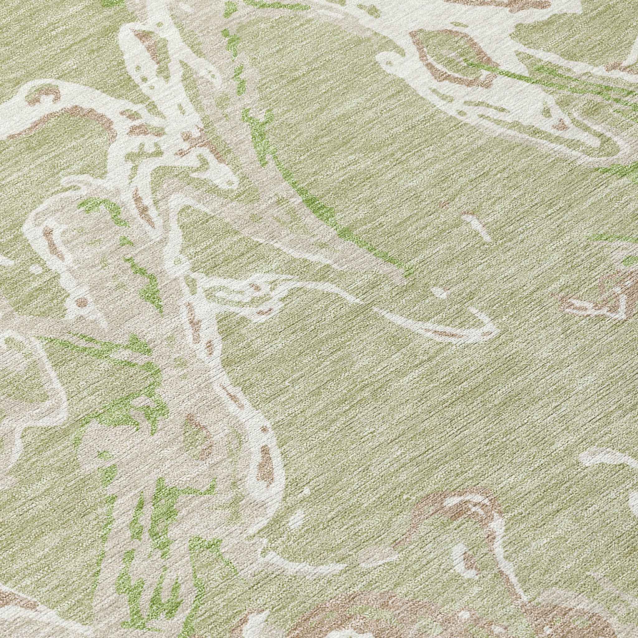 3' X 5' Artichoke Green And Ivory Abstract Washable Indoor Outdoor Area Rug