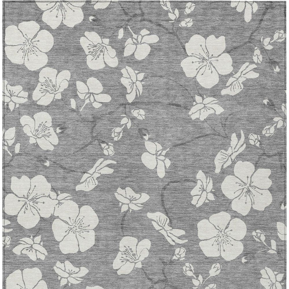10' X 14' Gray And Ivory Floral Washable Indoor Outdoor Area Rug - Sports & Outdoor