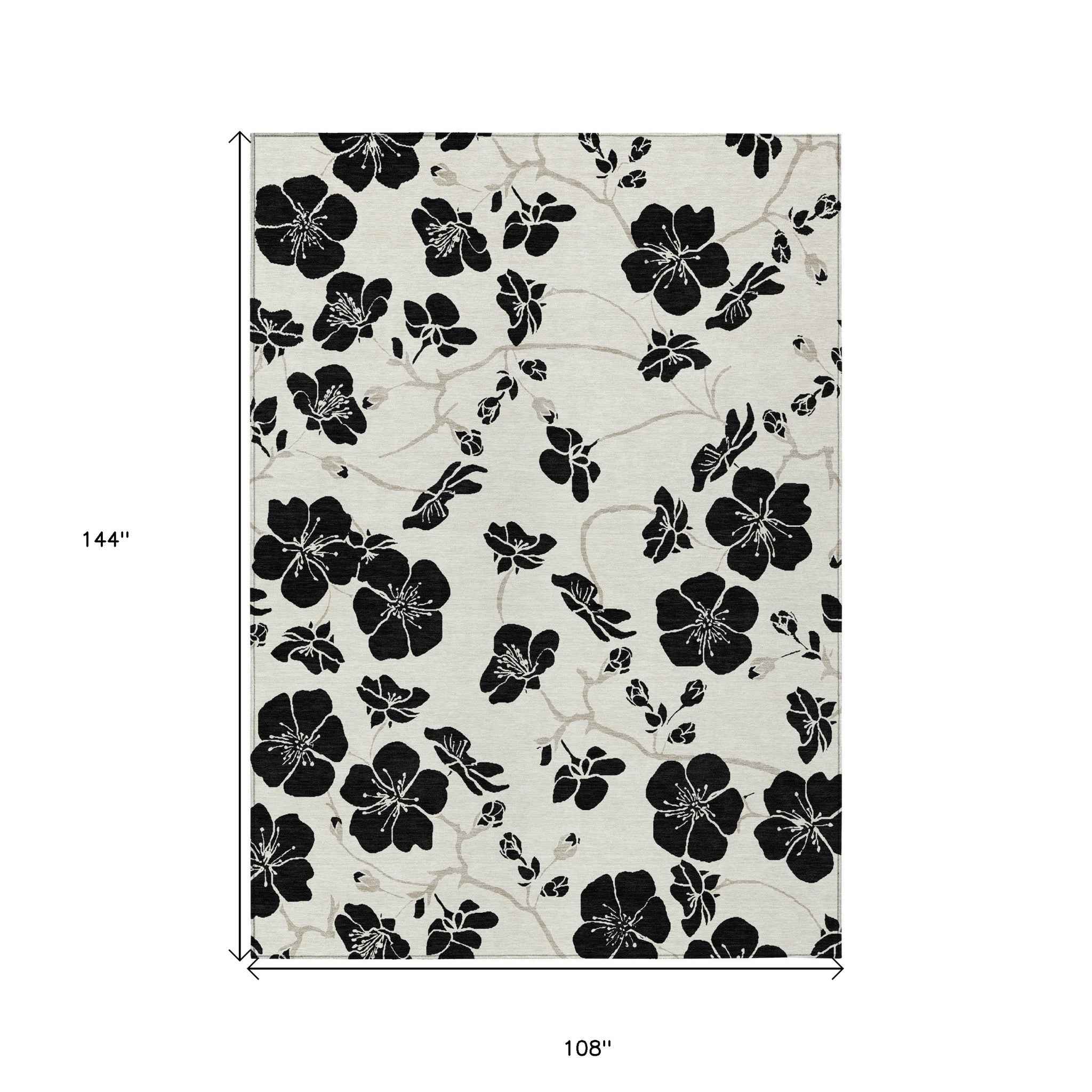9' X 12' Ivory And Black Floral Washable Indoor Outdoor Area Rug