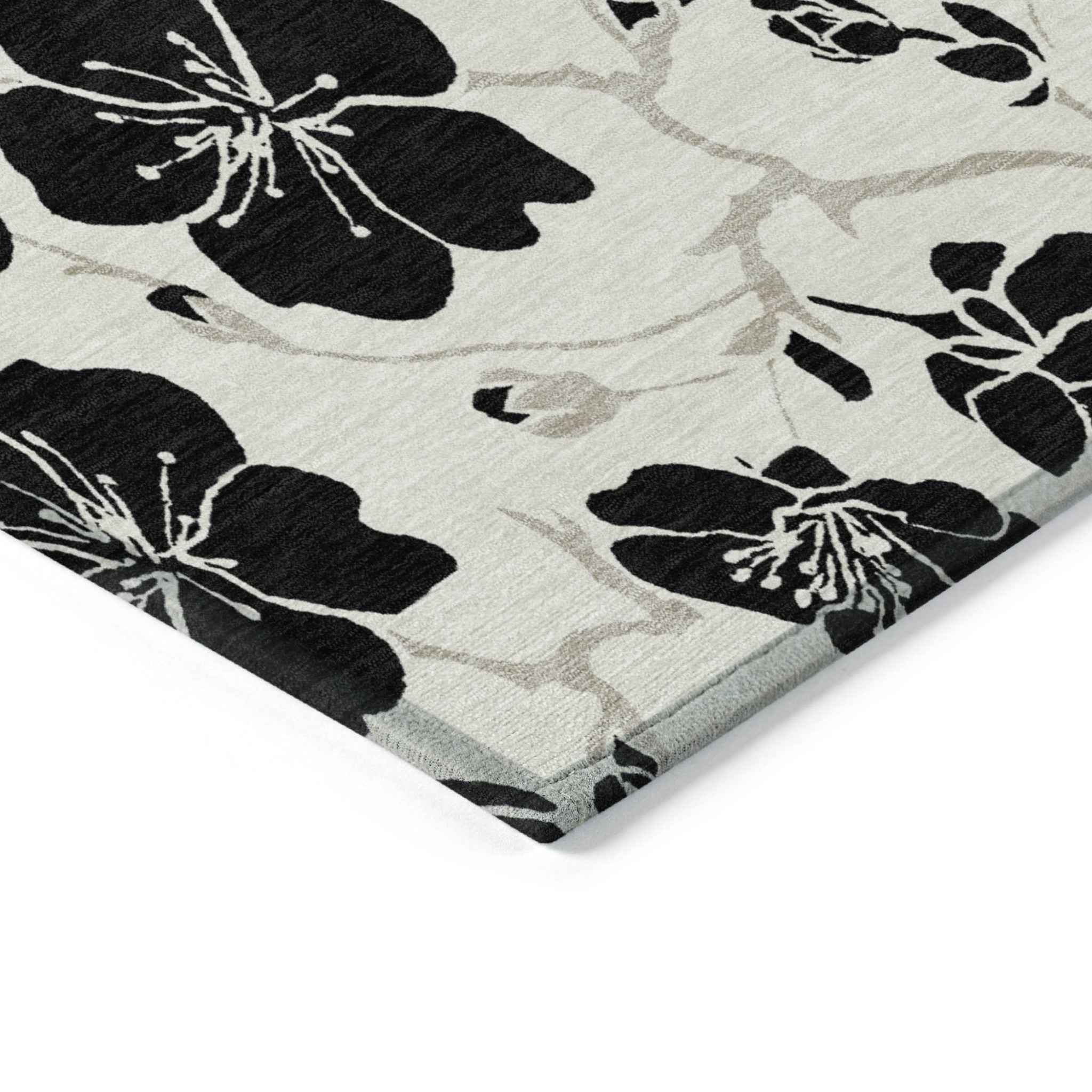 9' X 12' Ivory And Black Floral Washable Indoor Outdoor Area Rug