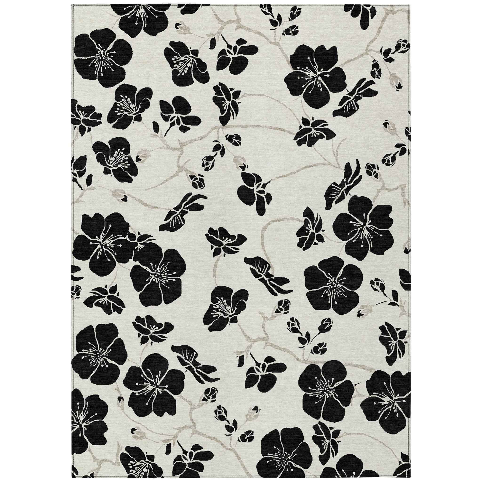 9' X 12' Ivory And Black Floral Washable Indoor Outdoor Area Rug